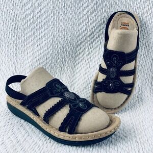 Earth Spirit Sandal Women 8 Black Gelron Slingback Boho Beaded Scalloped Comfort